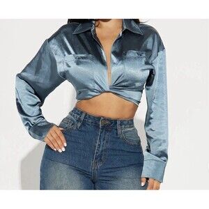Fashion Nova Crop Satin Top - Blue Sz M Long Sleeve Blouse